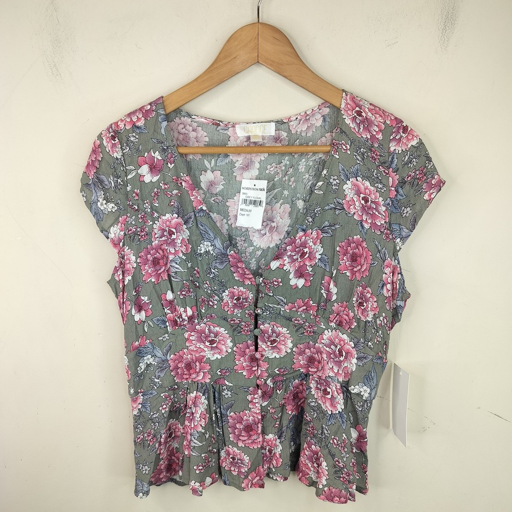 Chance Floral Peplum Top Womens Medium Button Front Rayon Boho Cottagecore